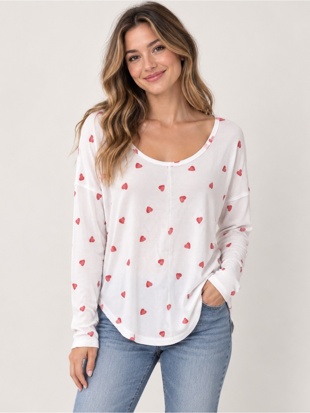 Lucky Brand White Long Sleeve Scoop Top with Red Heart Motif